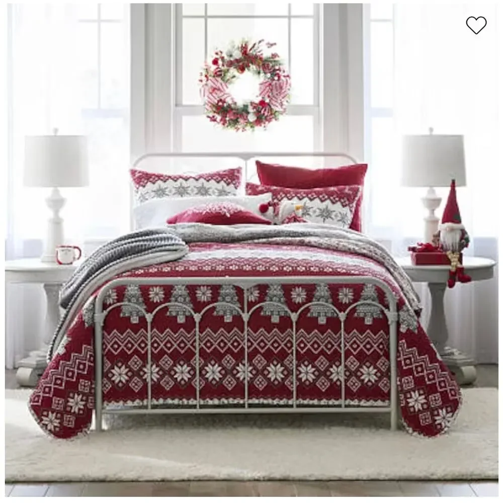 North Pole Trading Co. 3PC Cotton Holiday Novelty Stripe Quilt Set KING Red